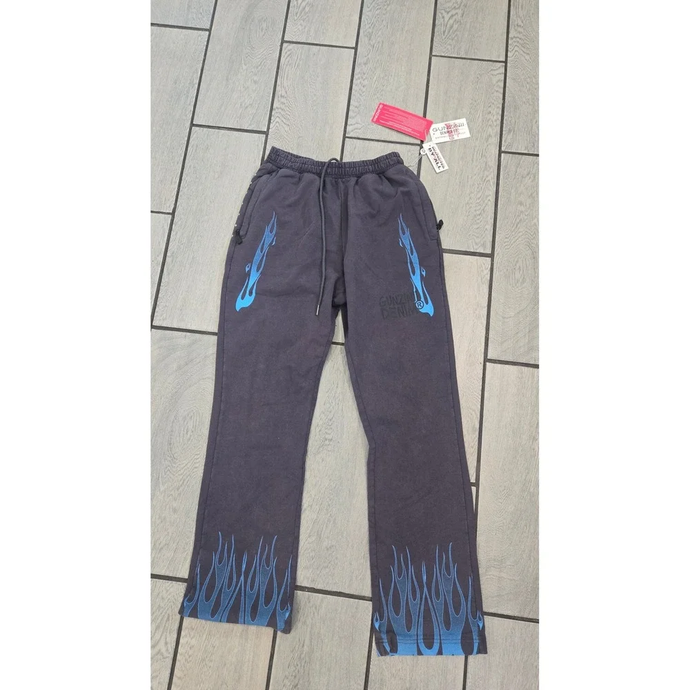 Gunzinii Denim & Co Blue Flame Barbed Wire Sweatpants Black Y2K Streetwear -M